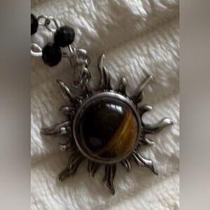 Black Beaded Sun Tiger Eye Pendant Necklace - Women's Jewelry